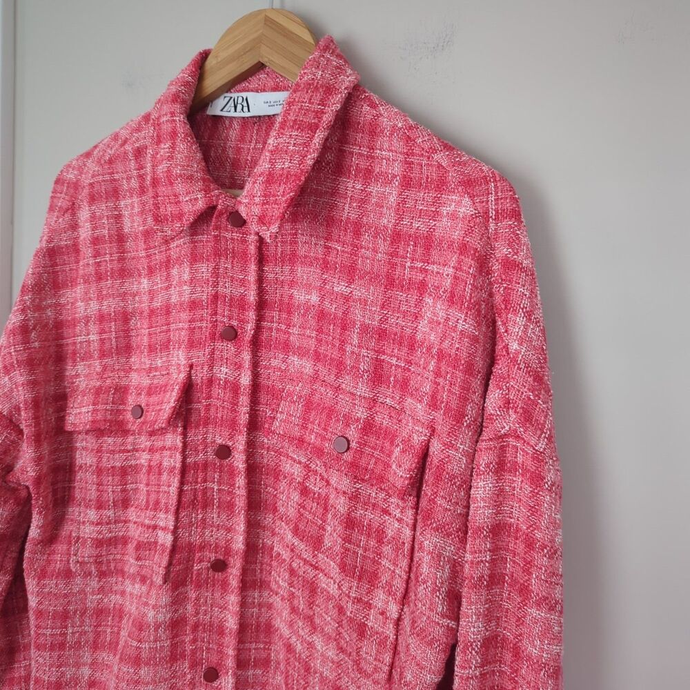 Zara Pink Tweed Button Down Long Sleeve Shirt Shacket Fringe Hem Small Relaxed - Picture 2 of 7